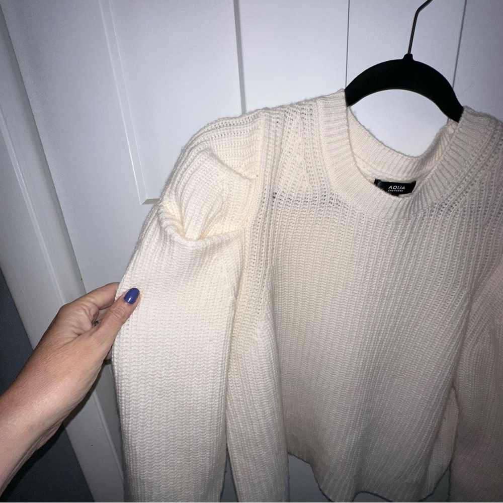 Women's Aqua Cashmere Shaker Puff Sleeve Cream Sweater - L - Picture 2 of 6